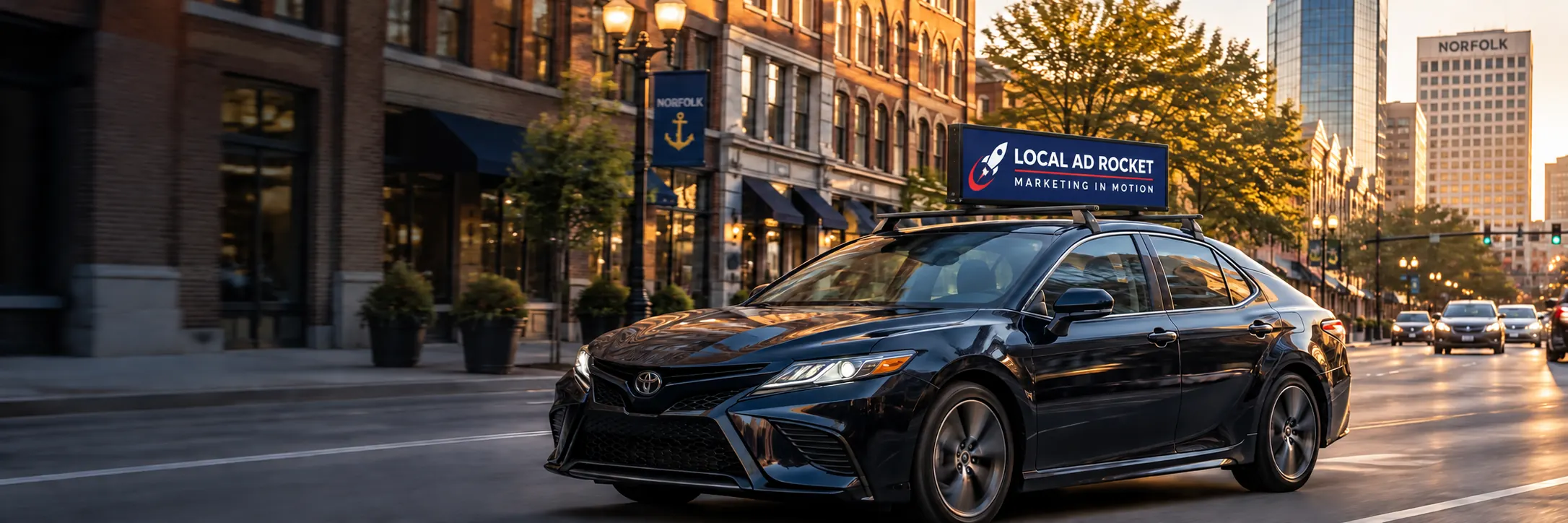 Illustration of a car with a rooftop Local Ad Rocket display in downtown Norfolk